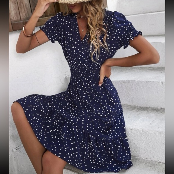 Boho polka dots puff sleeve A line dress - Picture 3 of 12